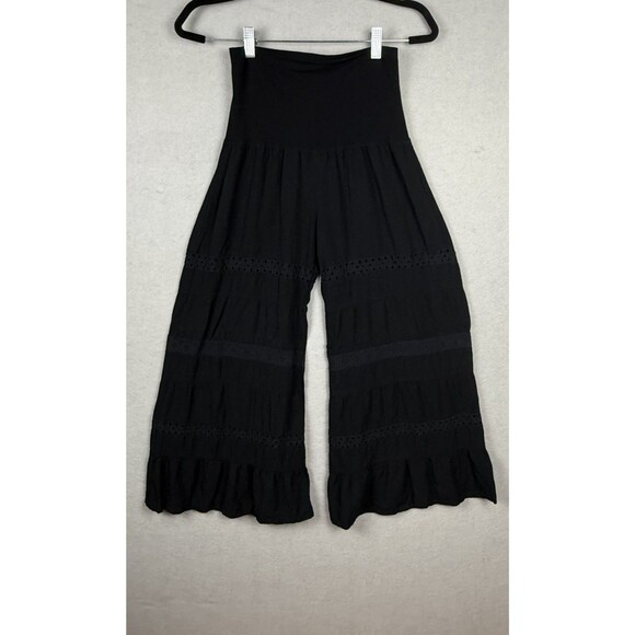 Baik Baik Honolulu Sz S/M Black Rayon Fold Over Tiered Wide Leg Eyelet Pants - Picture 1 of 6